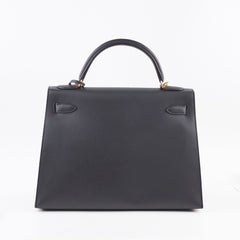 Hermes Kelly 32 Sellier Sombrero Box Leather GHW Matte Black