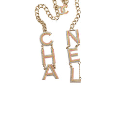 Chanel Gold/Crystal CHA-NEL Rainbow Logo Necklace Light Gold Necklace Costume Jewellery