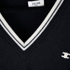 Celine Triomphe V Neck Wool Jumper Black - Size XL