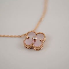 Van Cleef & Arpels 2025 Holiday Vintage Alhambra Pendant, Rose Gold, PINK Mother-of-Pearl, Diamond