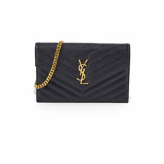 Saint Laurent Matelasse Grain De Poundre Embossed Leather Wallet on Chain Black