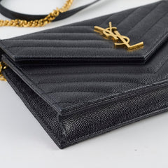 Saint Laurent Matelasse Grain De Poundre Embossed Leather Wallet on Chain Black