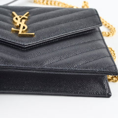 Saint Laurent Matelasse Grain De Poundre Embossed Leather Wallet on Chain Black