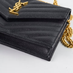Saint Laurent Matelasse Grain De Poundre Embossed Leather Wallet on Chain Black