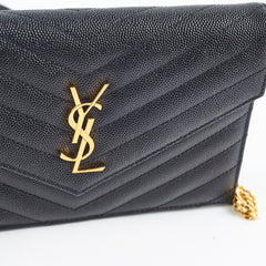 Saint Laurent Matelasse Grain De Poundre Embossed Leather Wallet on Chain Black