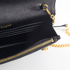 Saint Laurent Matelasse Grain De Poundre Embossed Leather Wallet on Chain Black