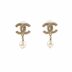 Chanel CC Pearl Drop Earrings Light Gold Costume Jewellery
