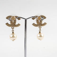 Chanel CC Pearl Drop Earrings Light Gold Costume Jewellery
