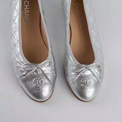 Chanel Ballet Flats Shoes Silver Metallic Size 38