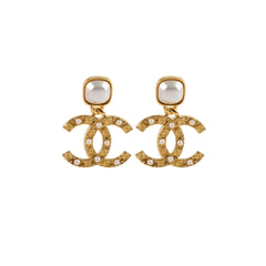 Chanel Faux Pearl Resin Gold CC Drop Earrings