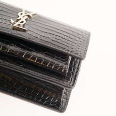 Saint Laurent Mini Sunset Black Crocodile Embossed Leather