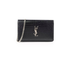 Saint Laurent Croc Embossed Wallet on Chain Black