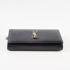 Saint Laurent Croc Embossed Wallet on Chain Black