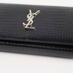 Saint Laurent Croc Embossed Wallet on Chain Black