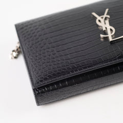 Saint Laurent Croc Embossed Wallet on Chain Black