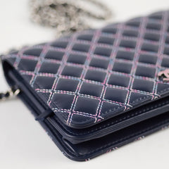 Chanel Quilted Lambskin WOC Double Stitched Wallet On Chain Navy