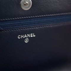 Chanel Quilted Lambskin WOC Double Stitched Wallet On Chain Navy