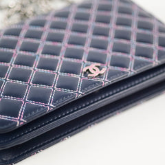 Chanel Quilted Lambskin WOC Double Stitched Wallet On Chain Navy
