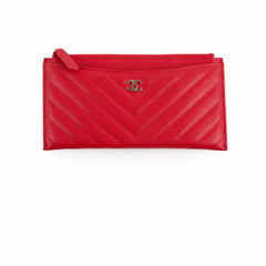 Chanel Chevron Long Zipped Wallet / Card Holder Caviar Red