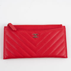 Chanel Chevron Long Zipped Wallet / Card Holder Caviar Red