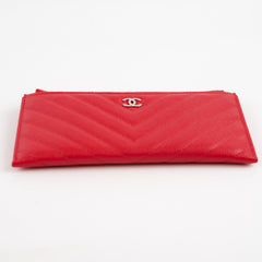 Chanel Chevron Long Zipped Wallet / Card Holder Caviar Red