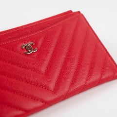 Chanel Chevron Long Zipped Wallet / Card Holder Caviar Red