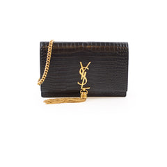 Saint Laurent Kate Tassel Wallet on Chain Croc Black