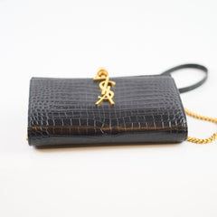 Saint Laurent Kate Tassel Wallet on Chain Croc Black