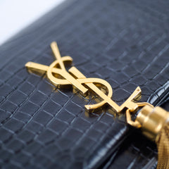 Saint Laurent Kate Tassel Wallet on Chain Croc Black