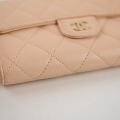 Chanel Quilted Flap Wallet Caviar Lt Pink Beige