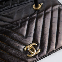 Chanel Coco Handle Large Iridescent Chevron Aged Calfskin Black LGHW
