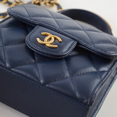 Chanel Micro Navy Top Handle with Chain Bag Microchipped