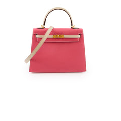 Hermes Kelly 25 Rose Azalee with Craie Detailing Epsom Brushed Gold Hardware - A Stamp