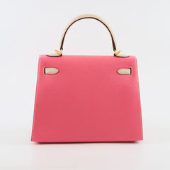 Hermes Kelly 25 Rose Azalee with Craie Detailing Epsom Brushed Gold Hardware - A Stamp