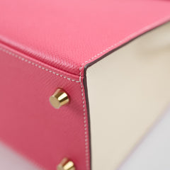 Hermes Kelly 25 Rose Azalee with Craie Detailing Epsom Brushed Gold Hardware - A Stamp