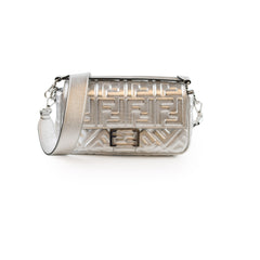 Fendi Medium Baguette FF Metalic Leather Flap Silver