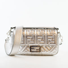 Fendi Medium Baguette FF Metalic Leather Flap Silver