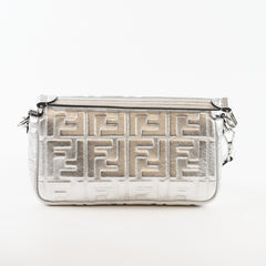 Fendi Medium Baguette FF Metalic Leather Flap Silver