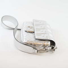 Fendi Medium Baguette FF Metalic Leather Flap Silver