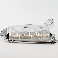 Fendi Medium Baguette FF Metalic Leather Flap Silver