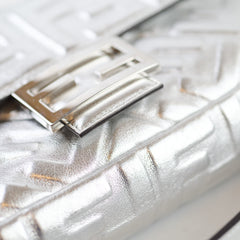 Fendi Medium Baguette FF Metalic Leather Flap Silver