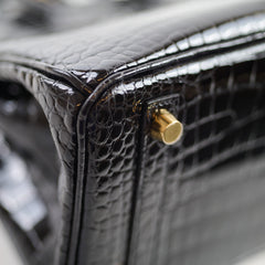 Hermes Shiny Black Croc Porosus Birkin 25 - Z Stamp