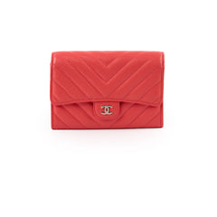 Chanel Chevron Caviar Classic Flap Wallet Coral Red