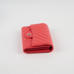 Chanel Chevron Caviar Classic Flap Wallet Coral Red
