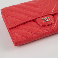 Chanel Chevron Caviar Classic Flap Wallet Coral Red