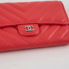 Chanel Chevron Caviar Classic Flap Wallet Coral Red