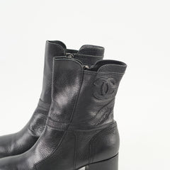 Chanel Interlocking CC Goat Leather Black Ankle Boots Size 37