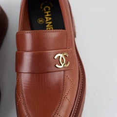 Chanel Light Brown Calfskin Loafers Womens 38.5
