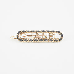 Chanel Metal & Lambskin Hair Clip Black