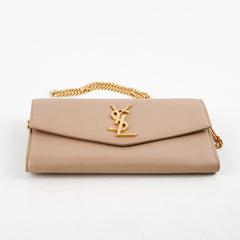 Saint Laurent Uptown Pouch in Grain with Chain Beige